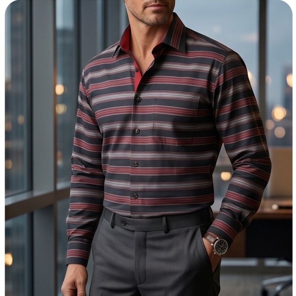 Paul Fredrick Mens 17x34‎ Slim Fit Non-Iron Cotton Striped Shirt Black Brick NWT